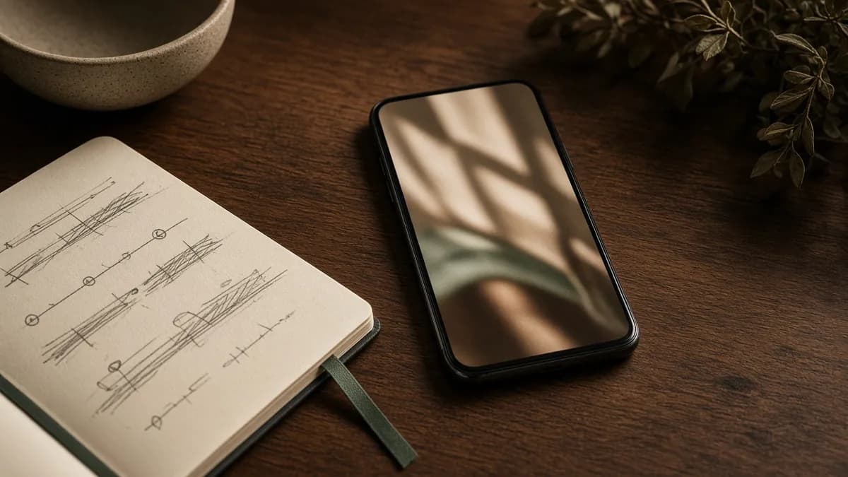 A vertical phone on a walnut desk beside a notebook of crossed-out timeline sketches.