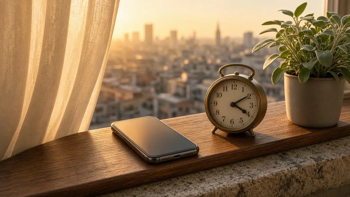 A phone on a windowsill at golden hour next to a small analog clock.