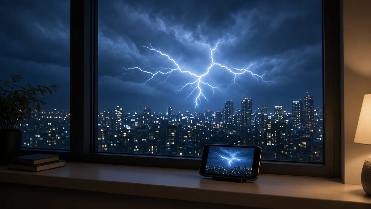Lightning over a city at night, a phone on the windowsill capturing the storm.