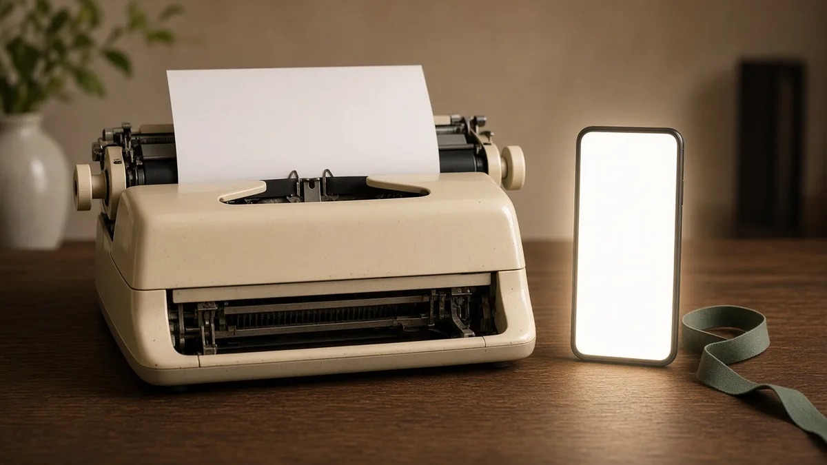 A typewriter with a blank sheet aimed at a glowing vertical phone.