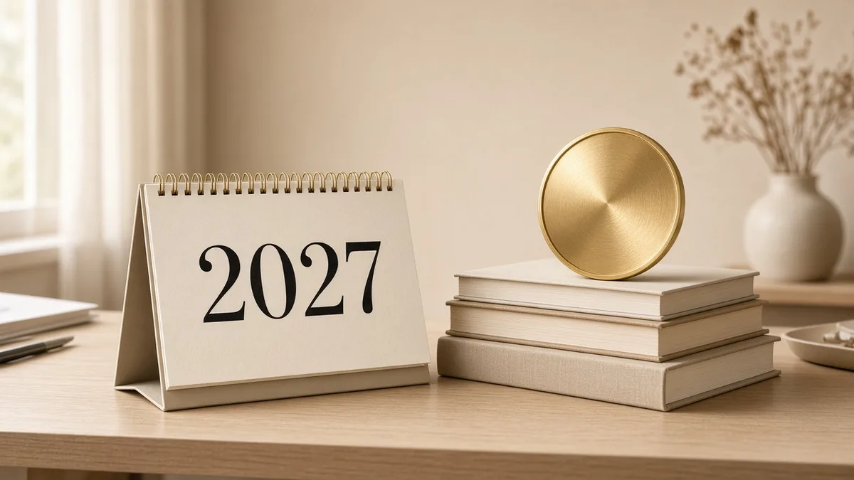 A desk calendar showing 2027 beside a gold circular plaque and books.