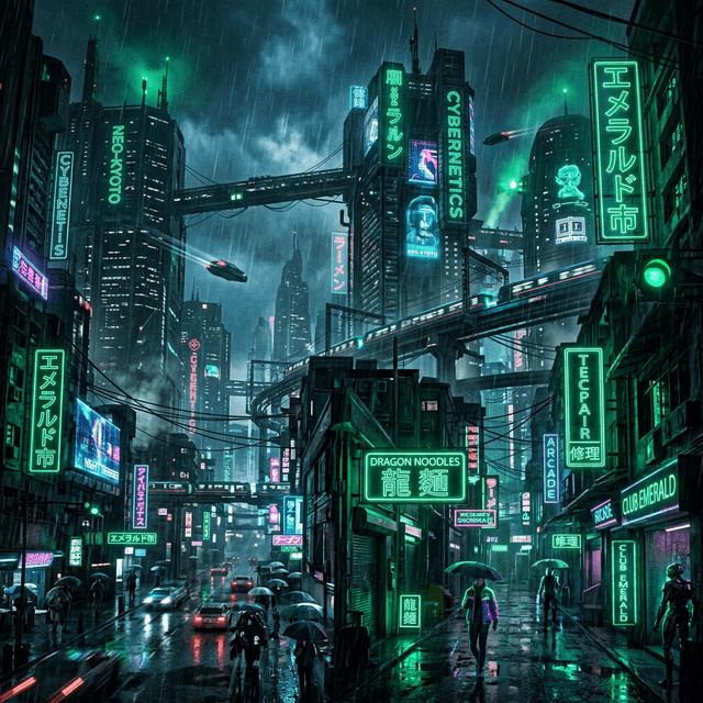 Viibeo AI generating a hyper-realistic cyberpunk city for a faceless video script