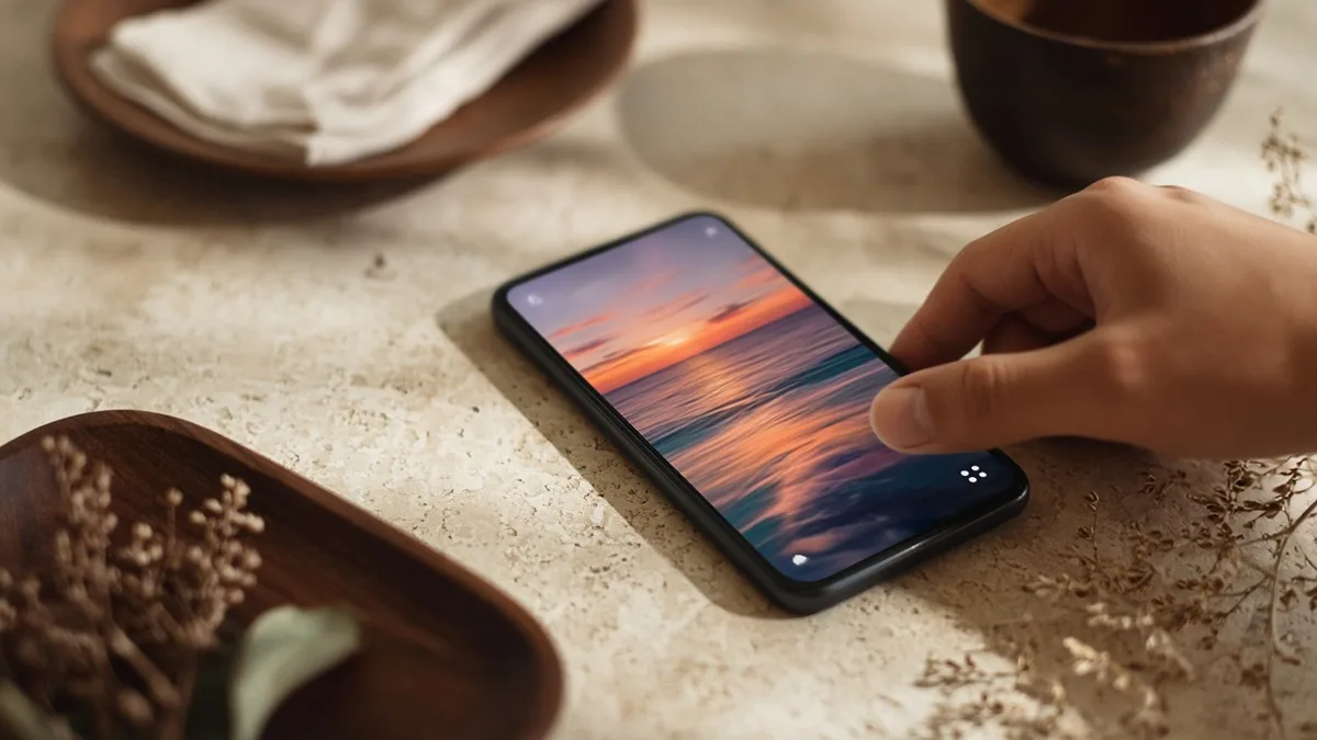 A smartphone on a cafe table at the moment a short-form feed catches the thumb.