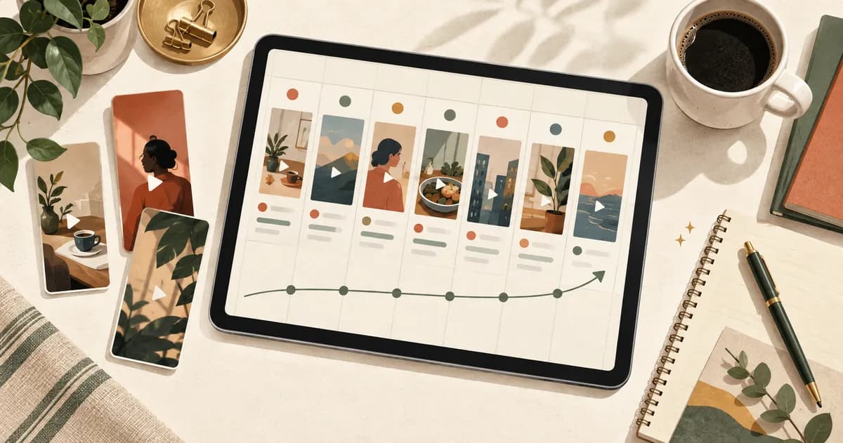 A weekly social media video content calendar showing TikTok, Instagram Reels, and YouTube Shorts publishing slots.