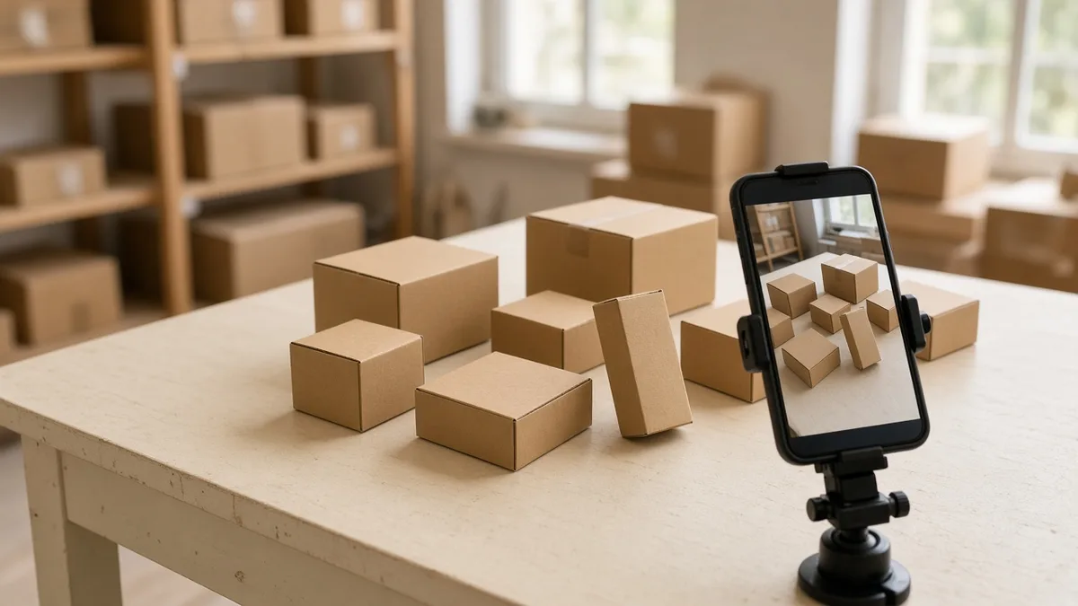 Unlabeled product boxes on a packing table with a phone clamp filming from above.