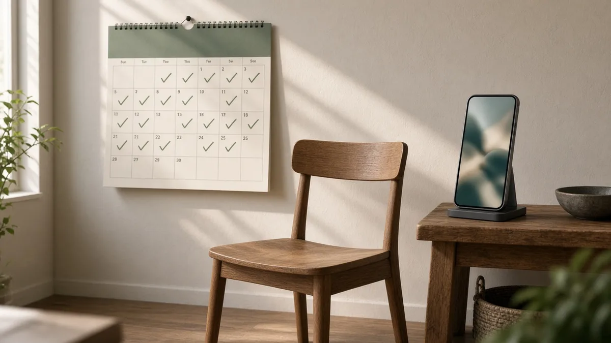 A wall calendar with checkmarks and a phone on a stand playing a faceless short.
