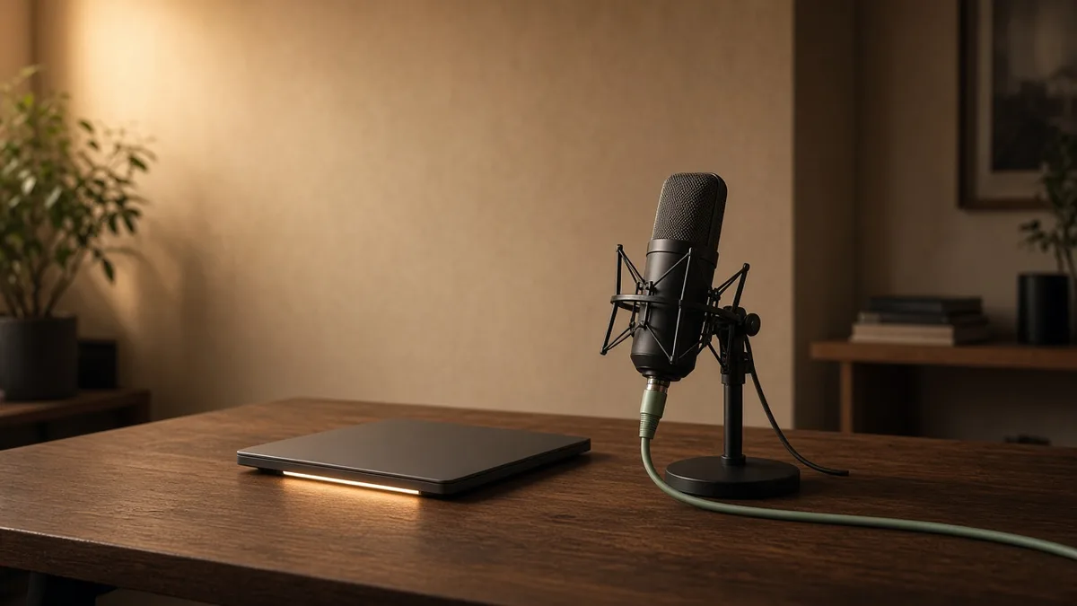 An empty studio desk with a microphone and a laptop showing a 9:16 preview.