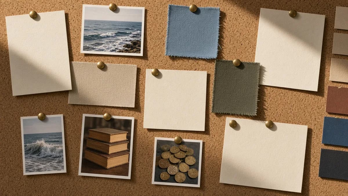 A corkboard of photo stills and blank idea cards for faceless short-form topics.