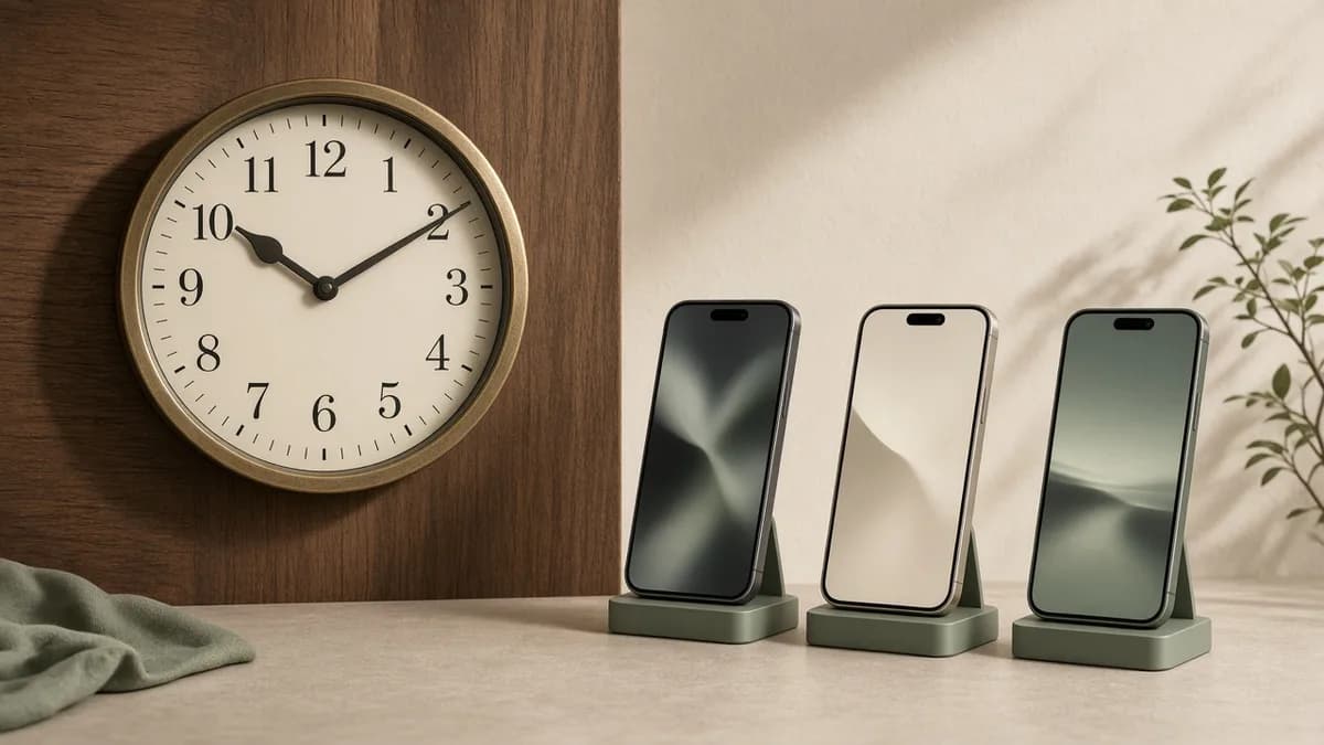 A brass clock beside a queue of phones on stands, generate versus schedule.