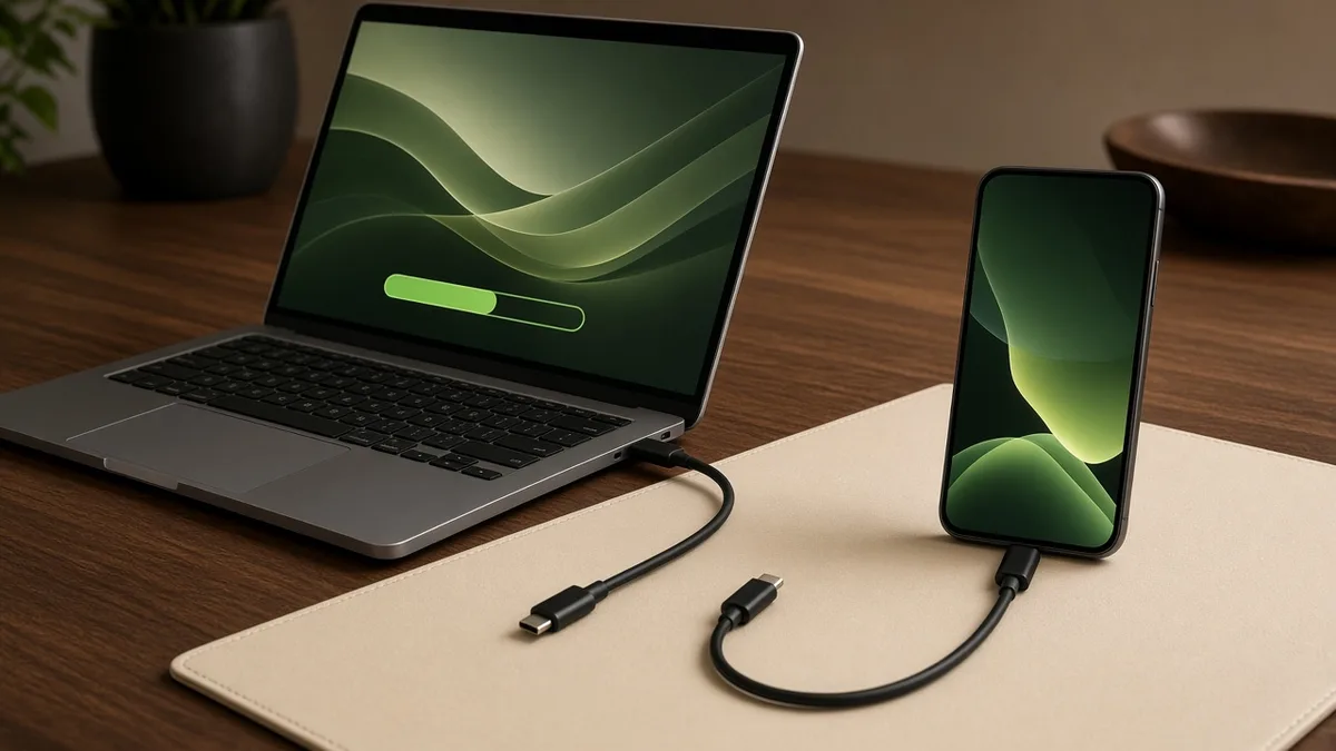 A laptop and a phone connected by a cable, export then post in the first hour.