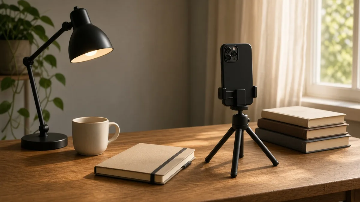 A starter desk with a phone on a tripod pointing at a stack of books, no person.