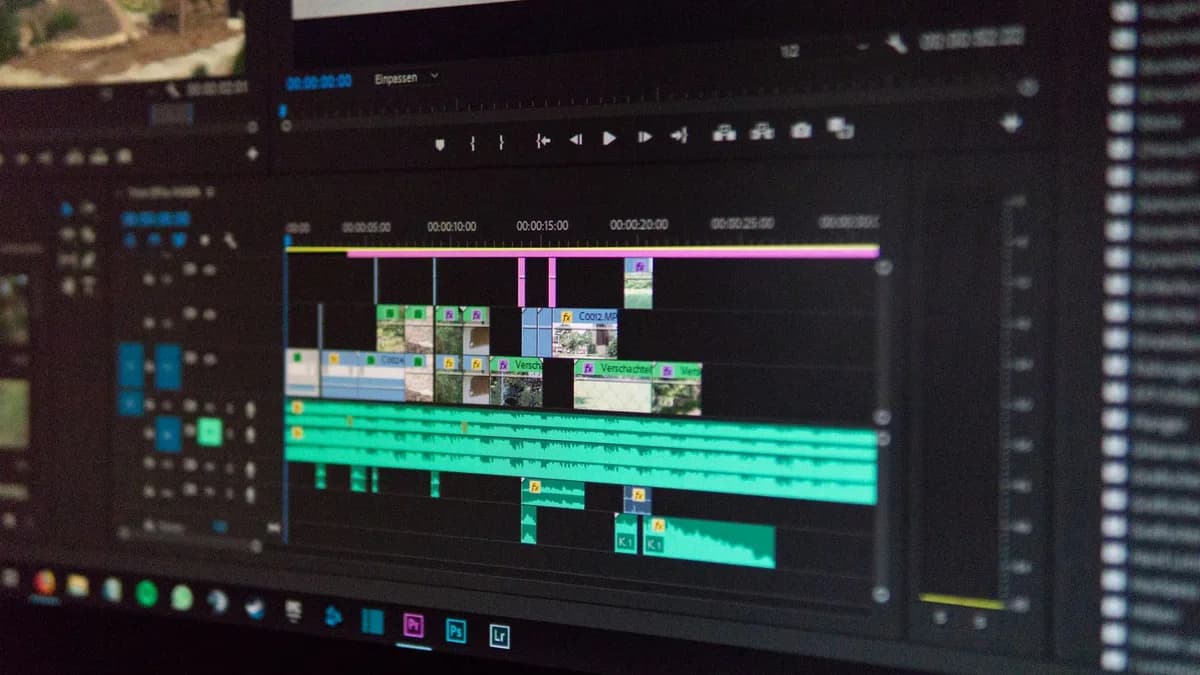 A video editing timeline on a dark monitor, clips lined up track by track.