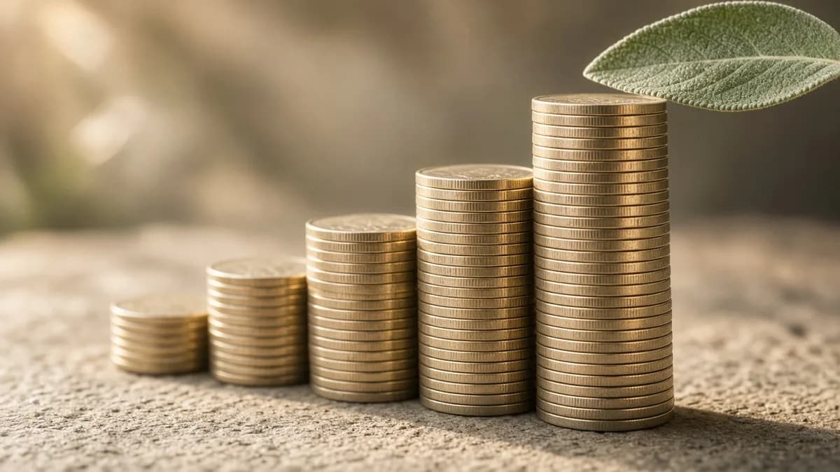 A vertical phone standing among stacked coins stepping upward like a growth chart.