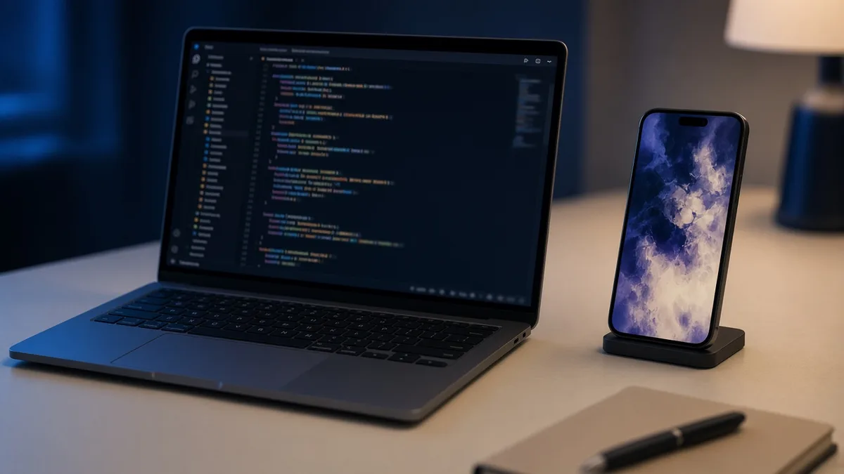 A laptop code editor beside a phone rendering a vertical short.