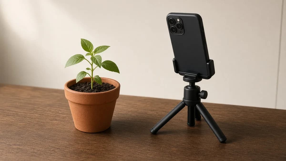 A small plant growing beside a phone on a mini tripod.
