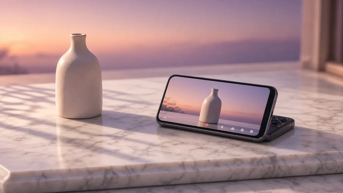 A phone on marble filming a small bottle in sunset light, no person on camera.