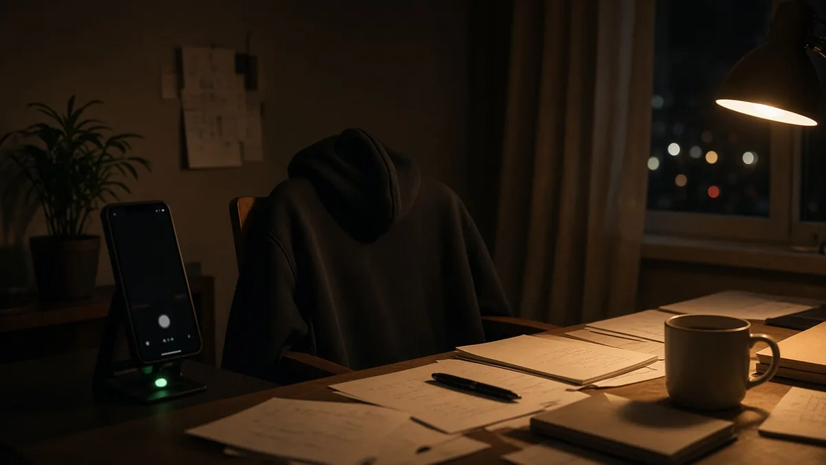 A phone on a night stand facing an empty hoodie on a chair.