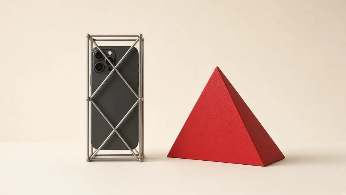 A vertical phone in a cage beside a simple red triangle, empty studio.
