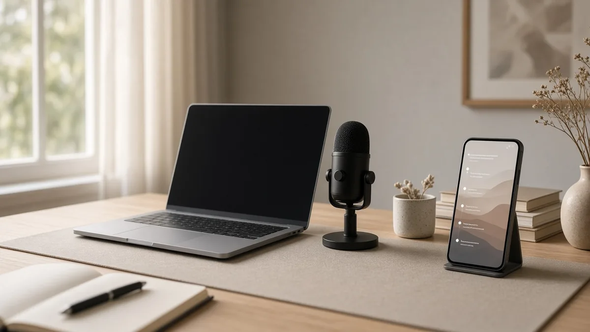 A quiet desk with a closed laptop, USB microphone, and phone showing a vertical short timeline — no face on camera.