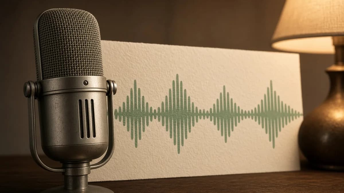 A condenser microphone in front of paper printed with sound waveforms.