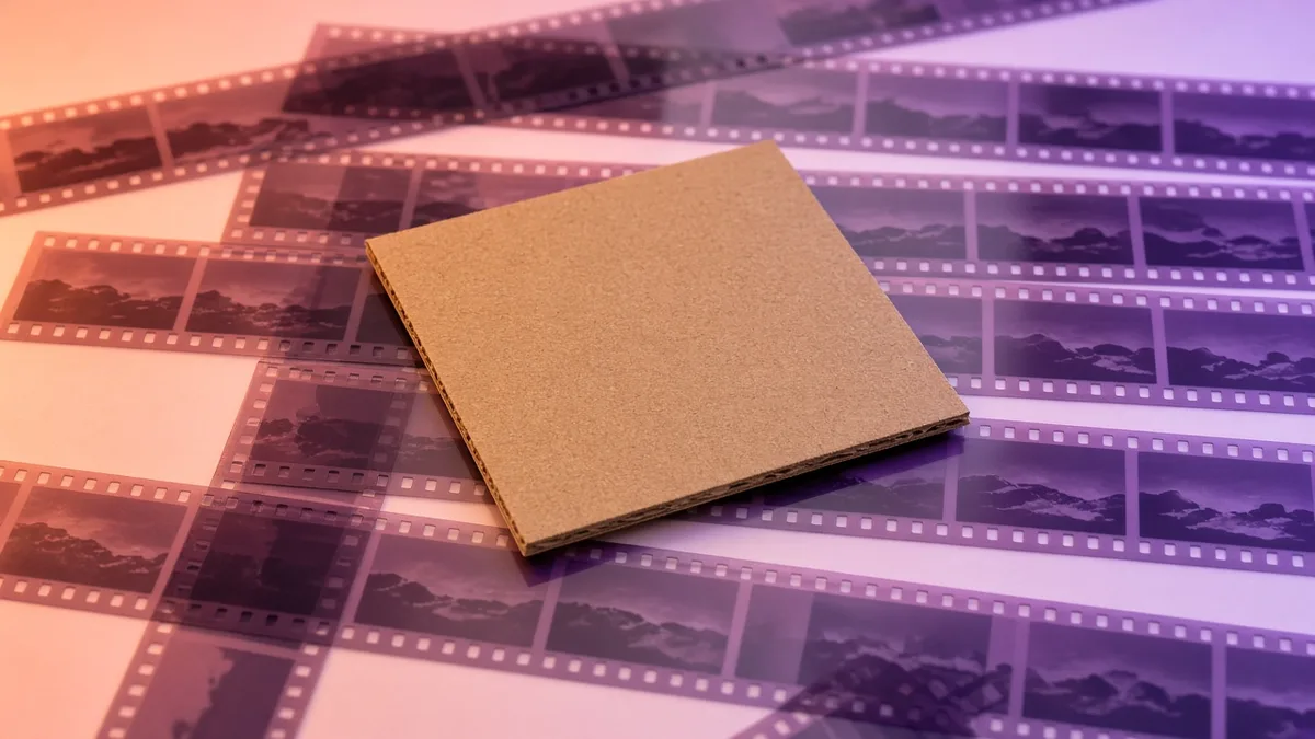 Film stills on a light table with a square cardboard crop frame.