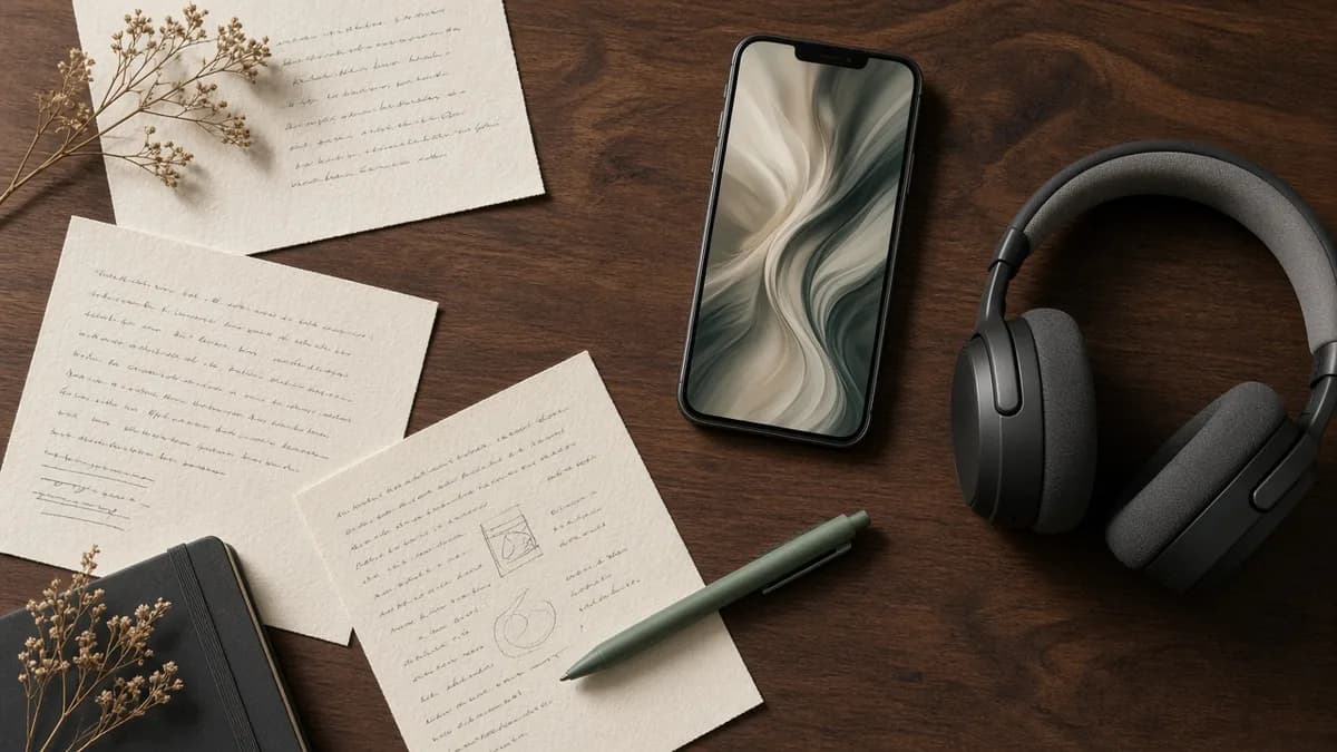 Top-down desk with script pages, headphones, and a phone showing a 9:16 cut.