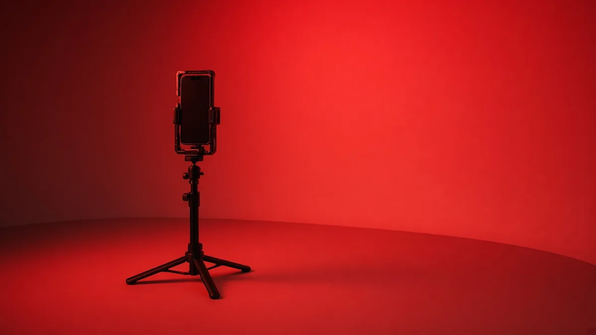 An empty studio washed in red light with a vertical phone on a stand.
