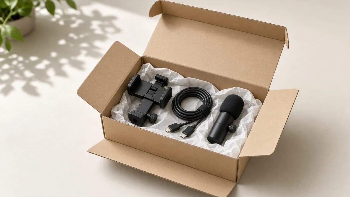 An open kit box with a phone clamp, cable, and a small unbranded microphone.