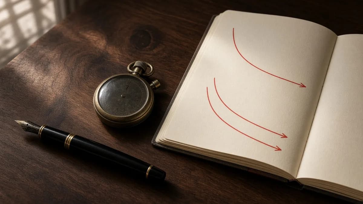 A fountain pen, stopwatch, and pages marked with retention curves.