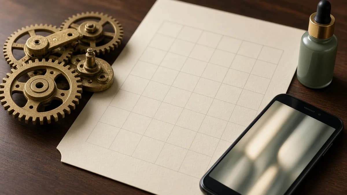 Brass gears, a paper timetable grid, and a phone rendering a vertical video.